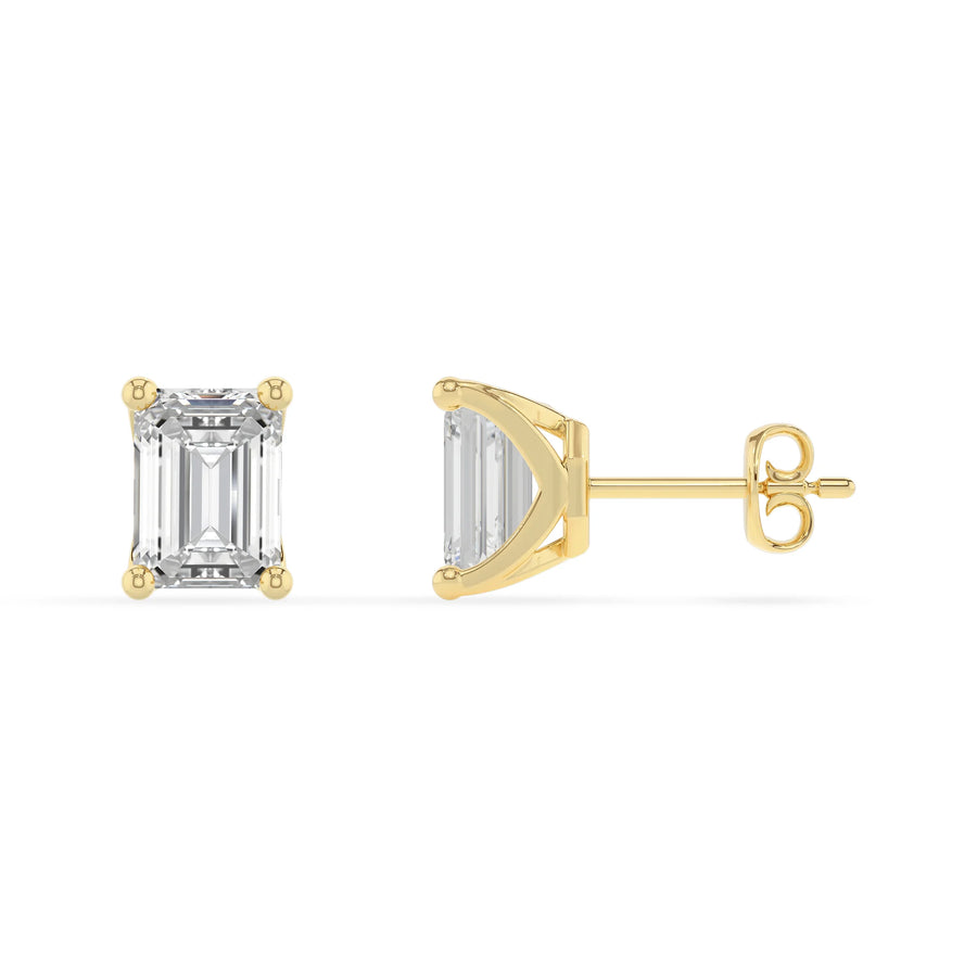 lab grown moissanite emerald cut stud earrings in yellow gold 