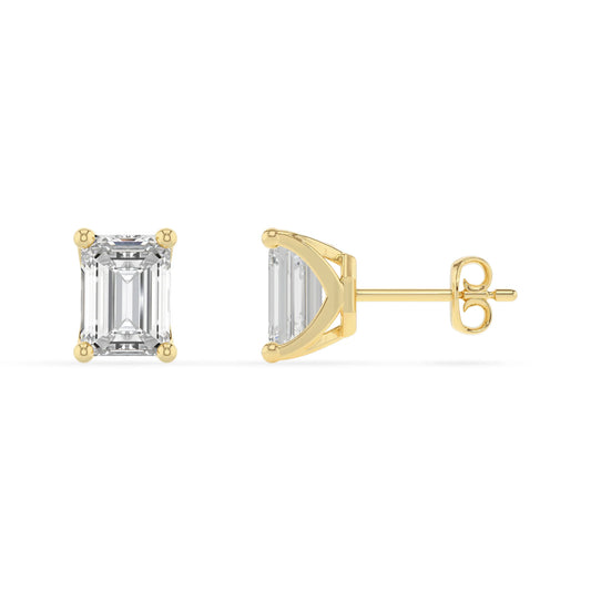 lab grown moissanite emerald cut stud earrings in yellow gold 