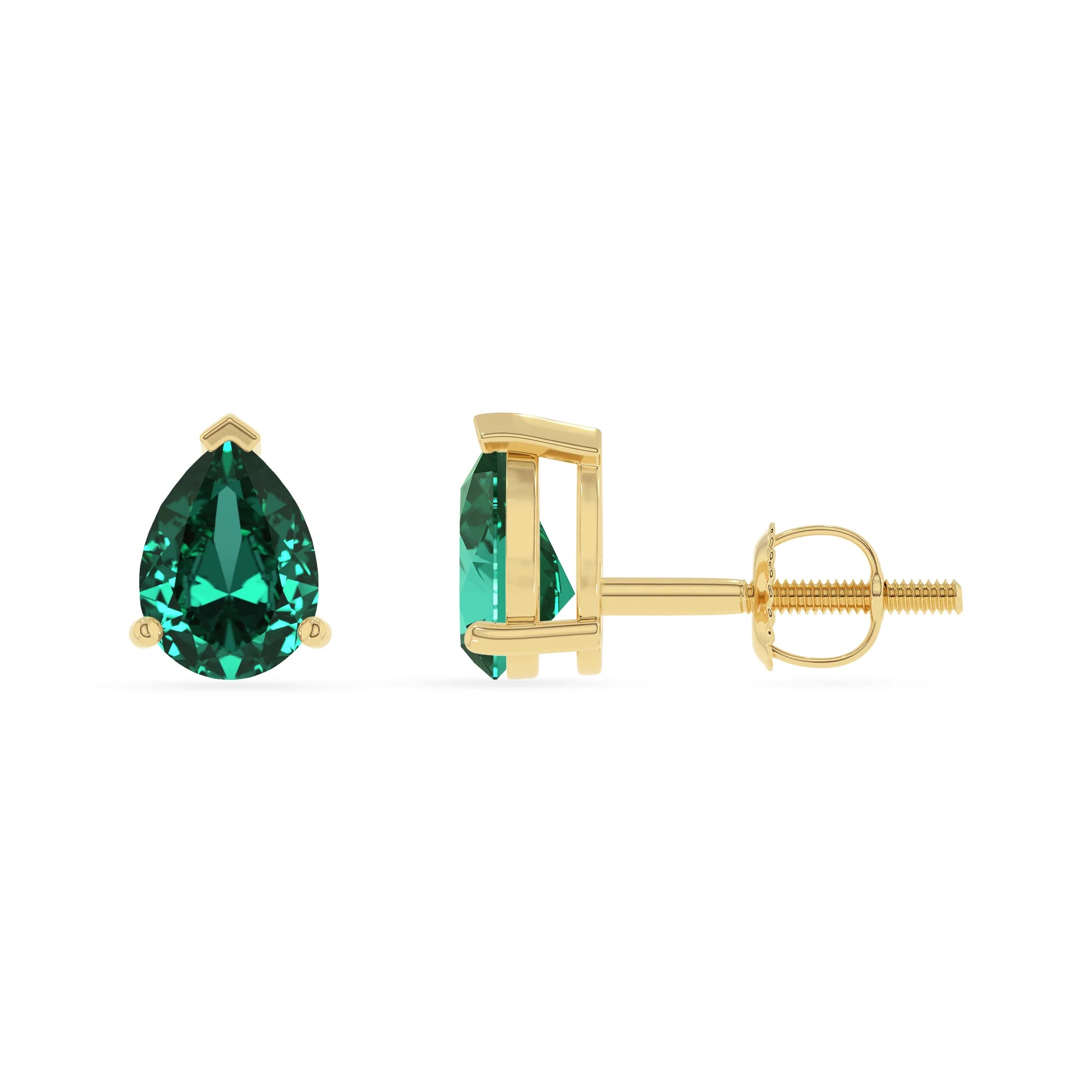 lab grown emerald pear stud earrings in yellow gold 