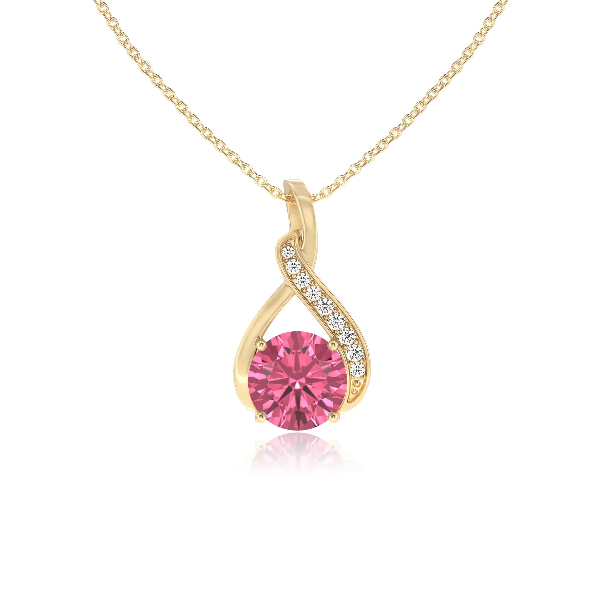 lab grown pink-tourmaline round solitaire necklaces in yellow gold 