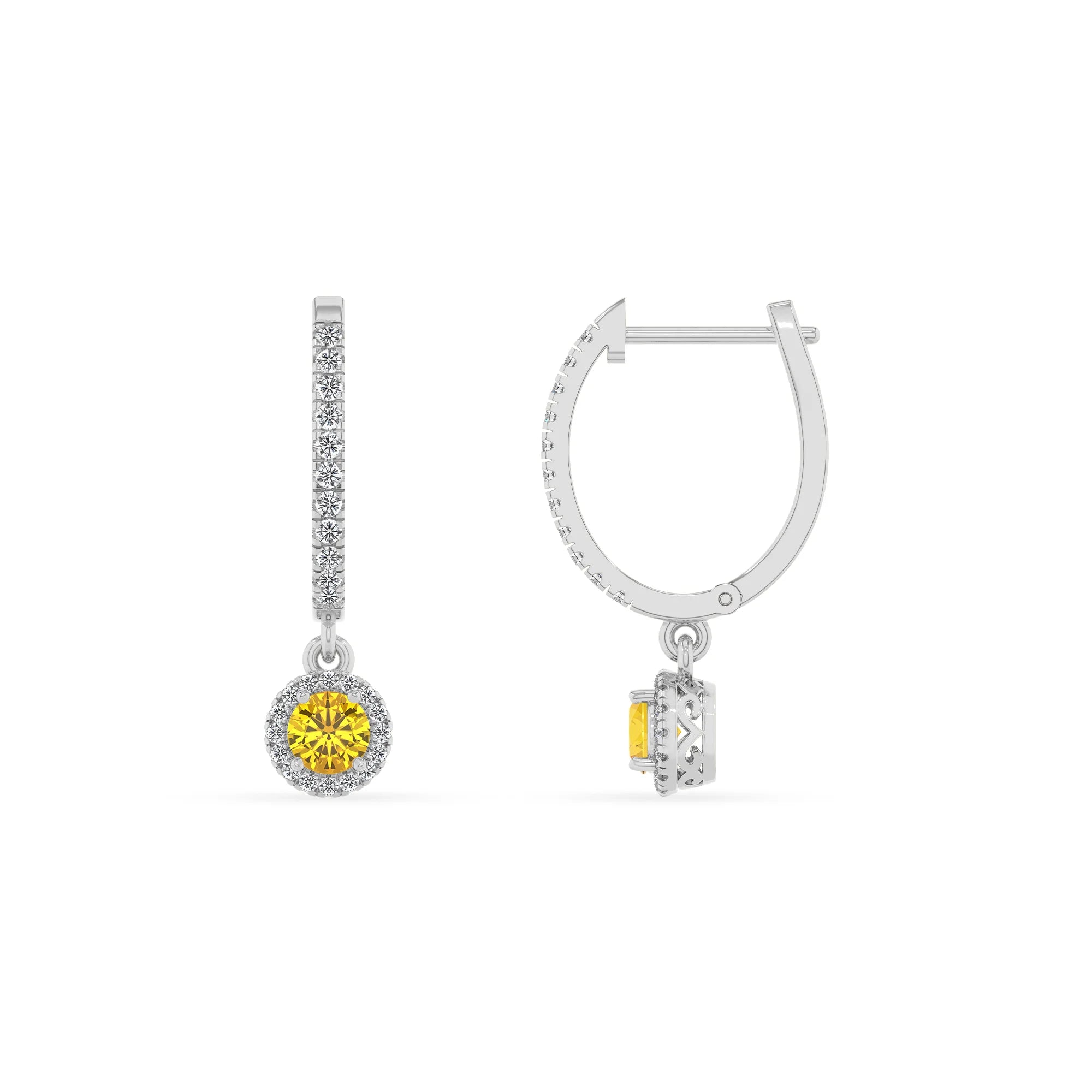 lab grown yellow sapphire round drop earrings in white gold 