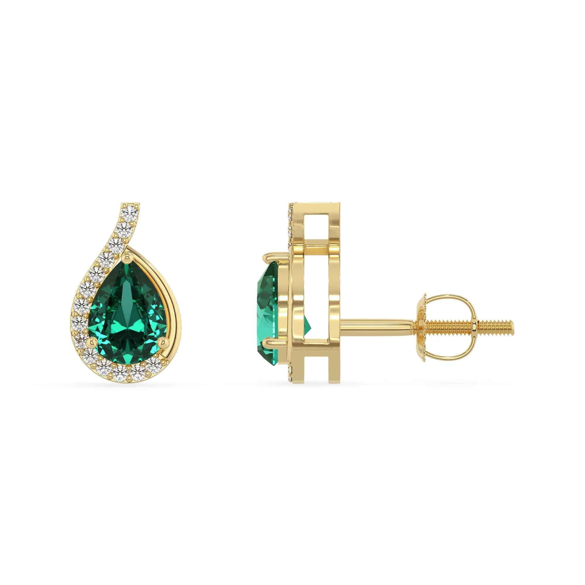 lab grown emerald pear stud earrings in yellow gold 