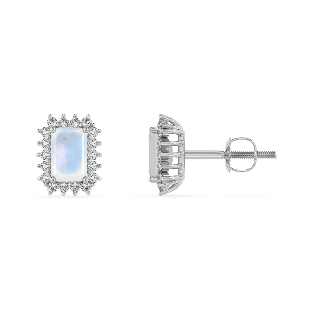 natural rainbow moonstone emerald cut stud earrings in sterling silver 