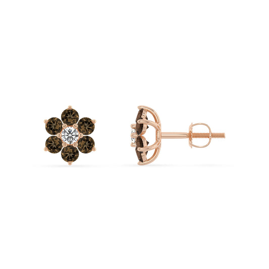 Natural Smoky Quartz Round Stud Earrings with Diamond