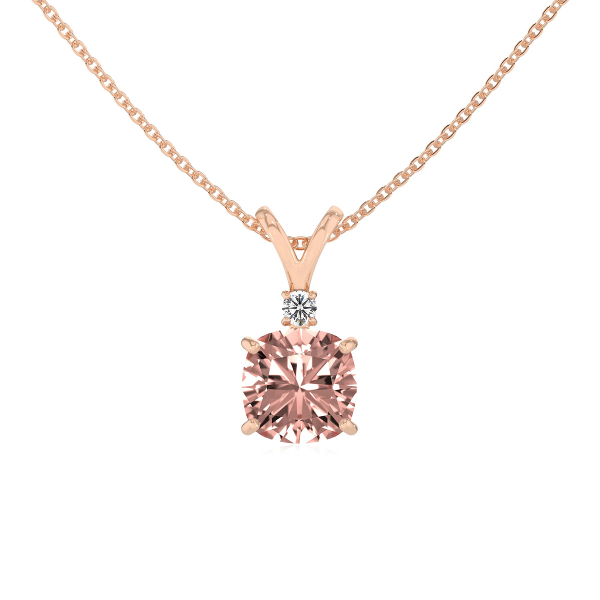 lab grown morganite cushion solitaire v-bale necklaces in rose gold 