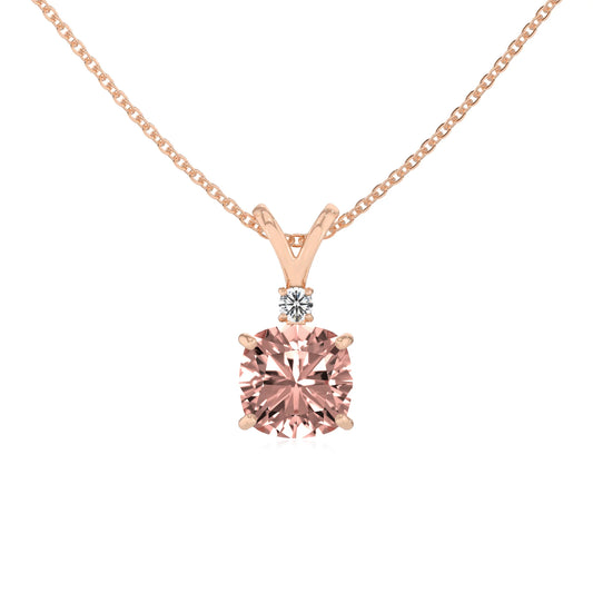 lab grown morganite cushion solitaire v-bale necklaces in rose gold 