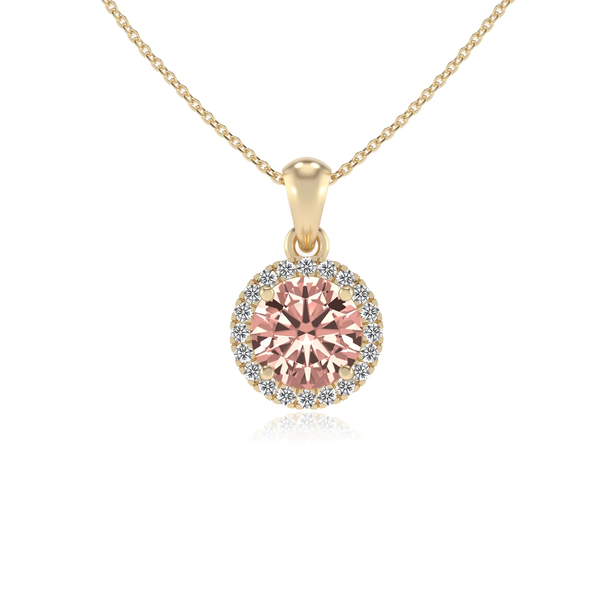 lab grown morganite round solitaire necklaces in yellow gold 