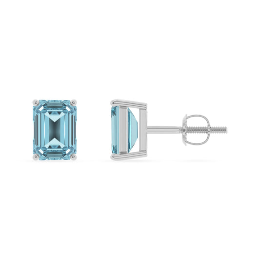 lab grown aquamarine emerald cut stud earrings in platinum 