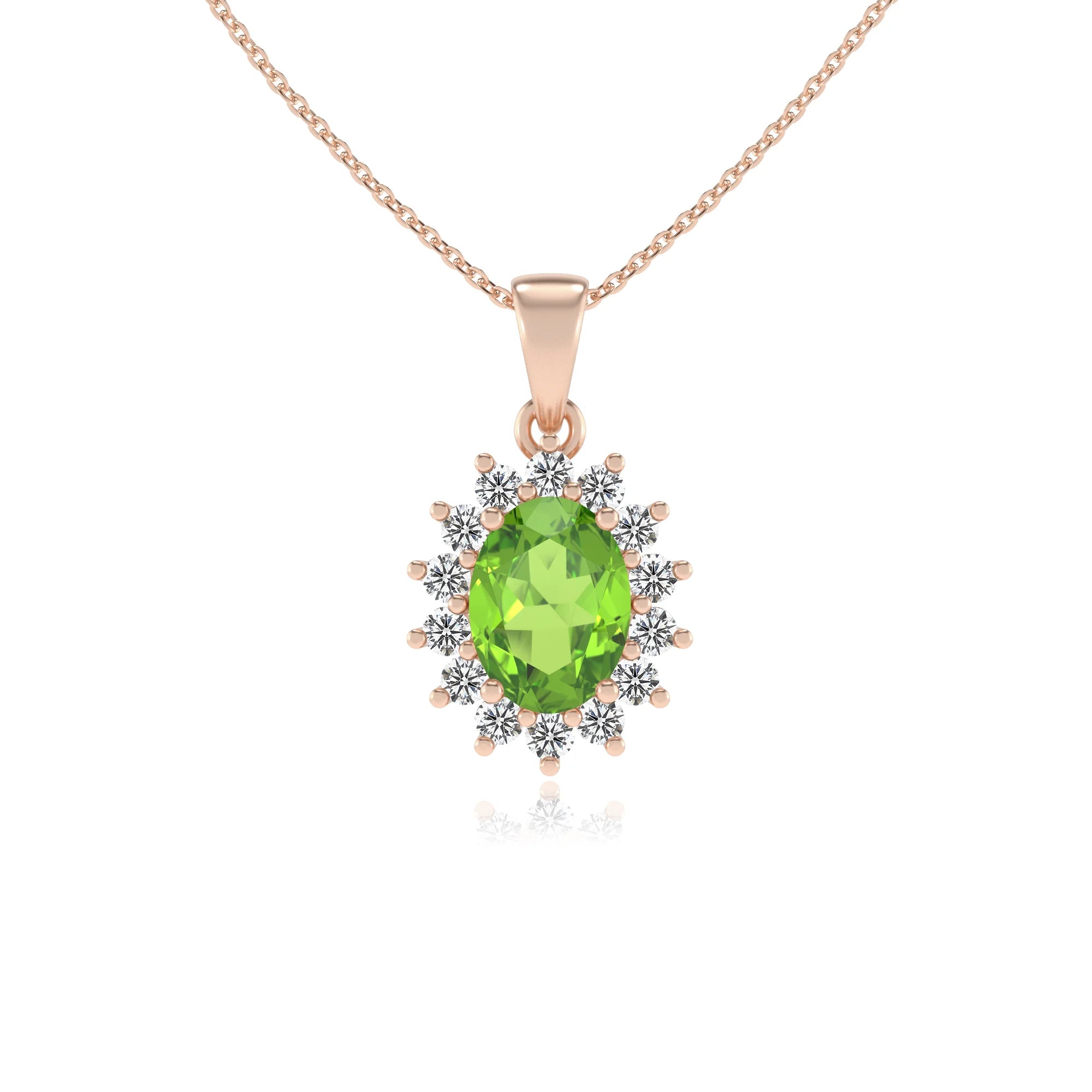 natural peridot oval halo necklaces in rose gold 