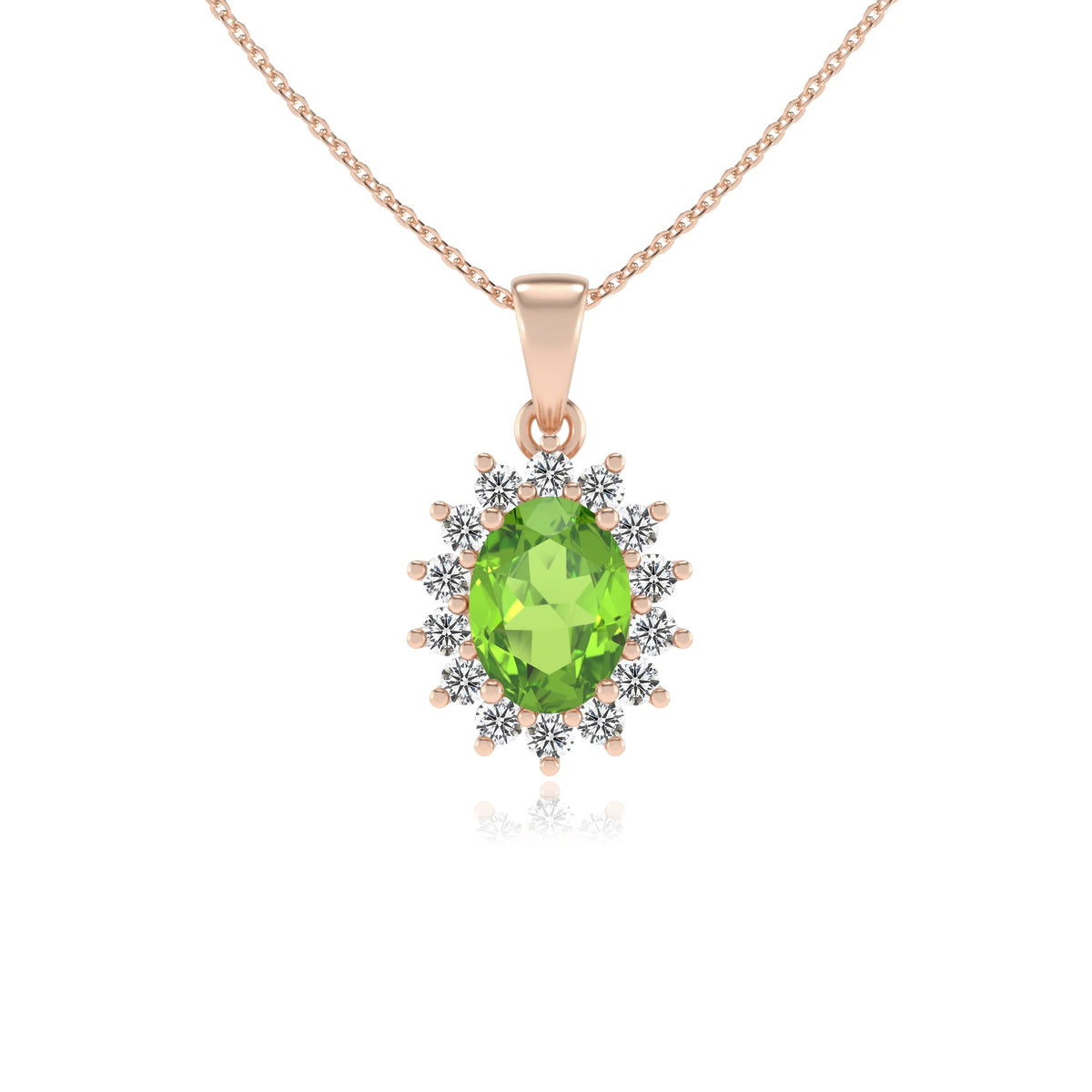 natural peridot oval halo necklaces in rose gold 