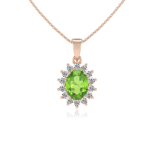 natural peridot oval halo necklaces in rose gold 