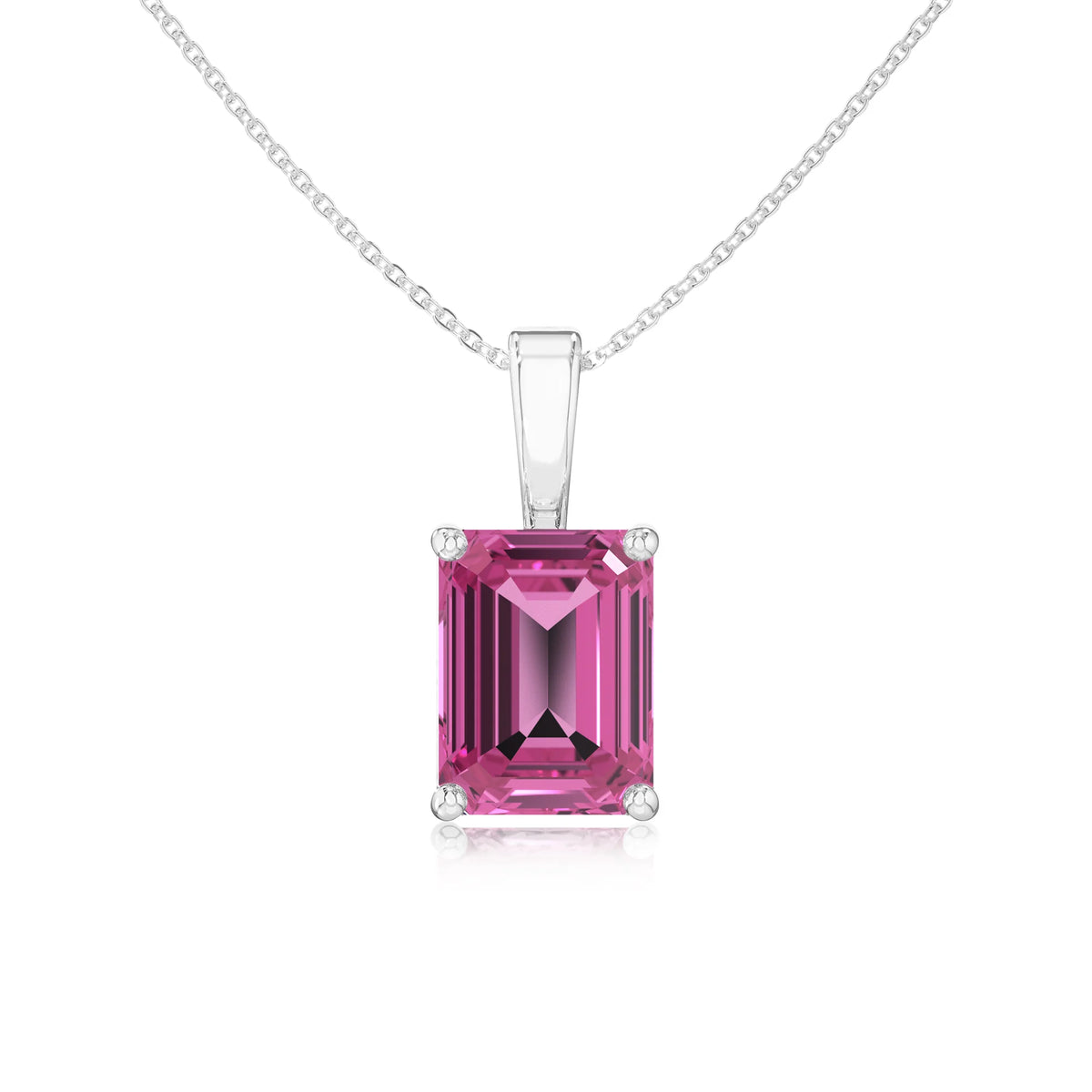 lab grown pink-sapphire emerald cut solitaire necklaces in sterling silver 