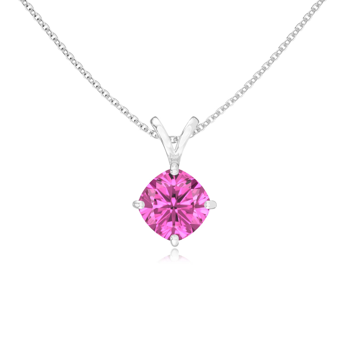 lab grown pink-sapphire cushion solitaire v-bale necklaces in sterling silver 