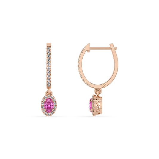 lab grown pink sapphire oval drop earrings in rose gold 