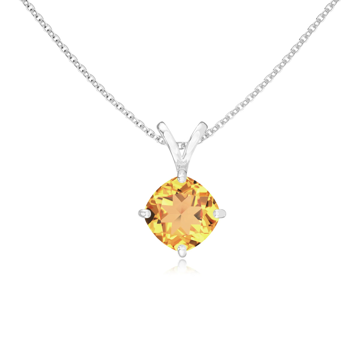 lab grown citrine cushion solitaire v-bale necklaces in sterling silver 