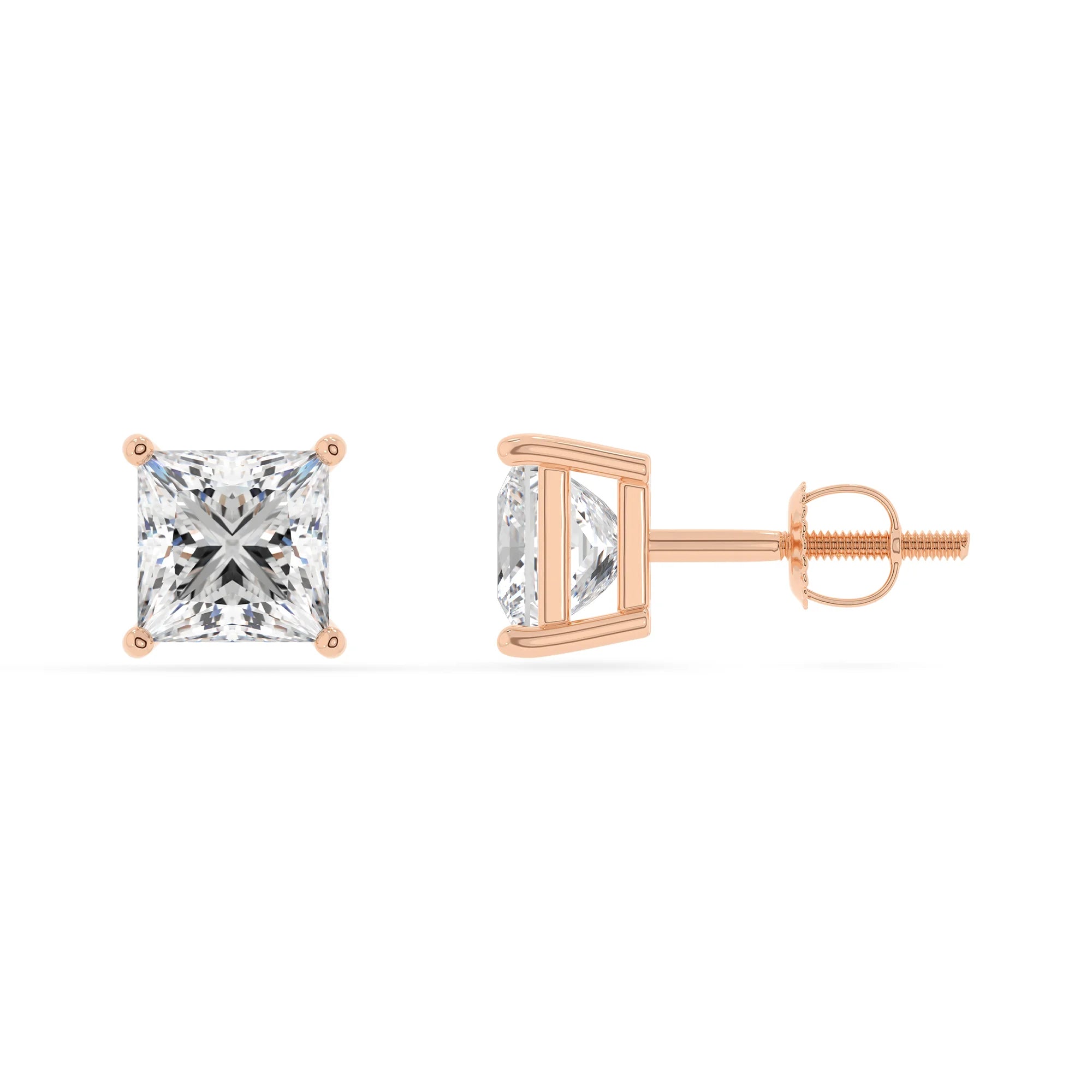 lab grown moissanite princess stud earrings in rose gold 