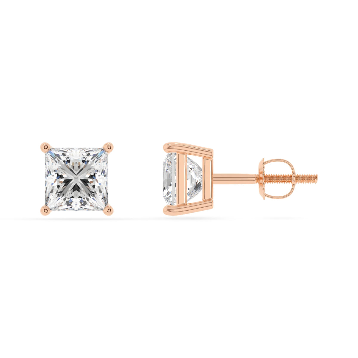 lab grown moissanite princess stud earrings in rose gold 