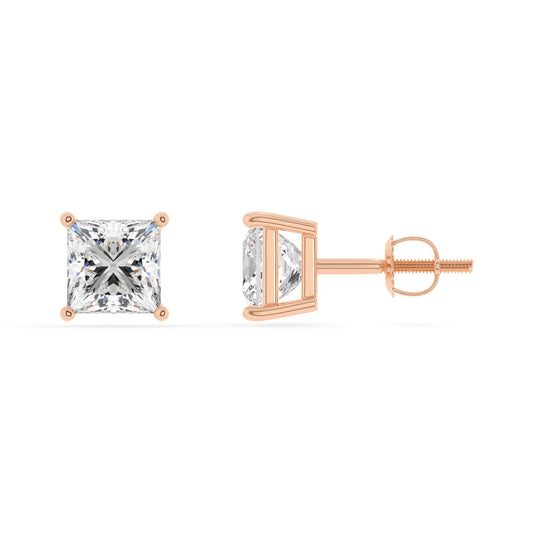 lab grown moissanite princess stud earrings in rose gold 