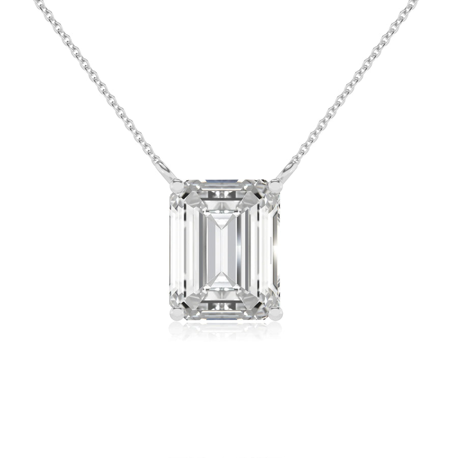 lab grown moissanite emerald cut solitaire necklaces in white gold 