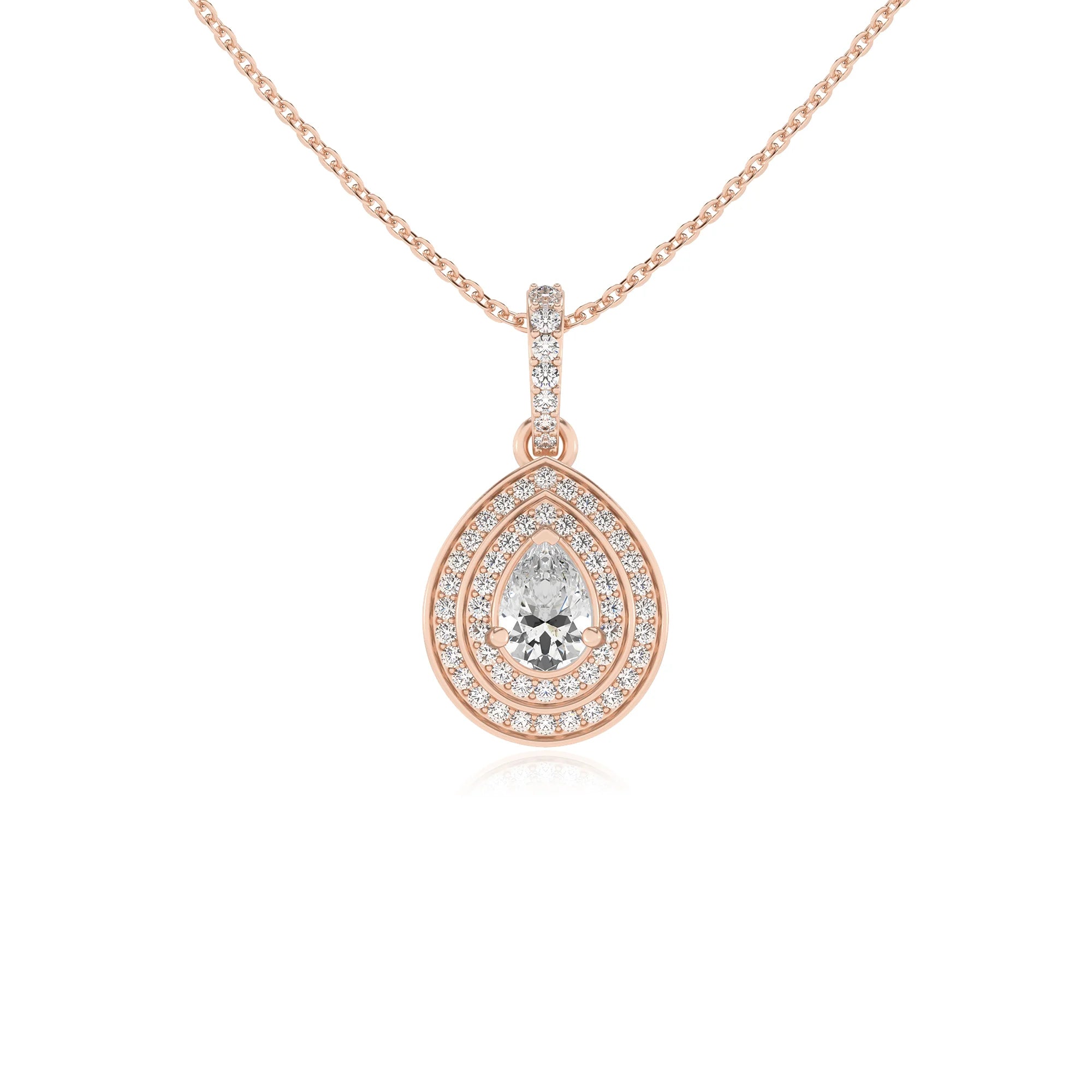 lab grown moissanite pear halo necklaces in rose gold 