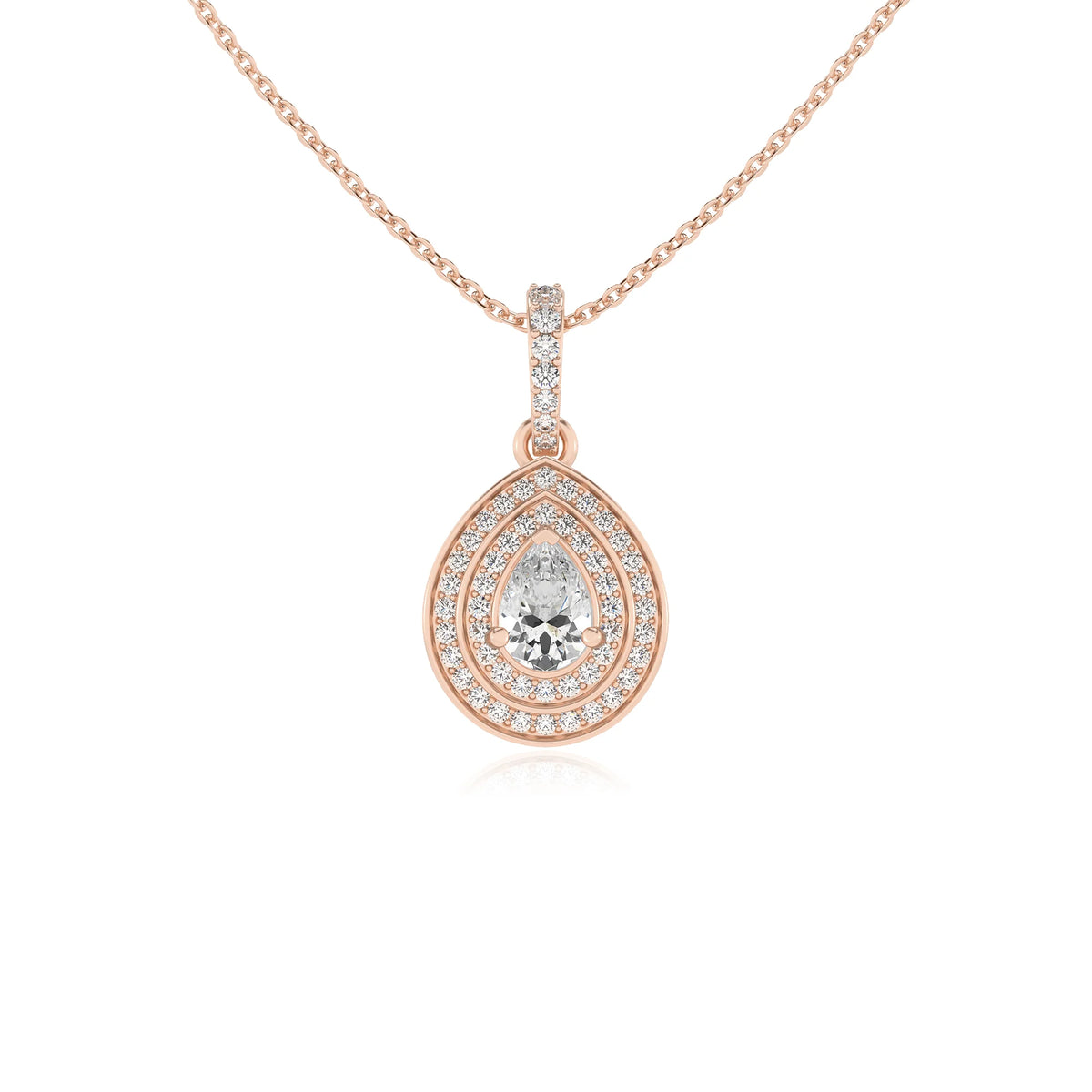 lab grown moissanite pear halo necklaces in rose gold 