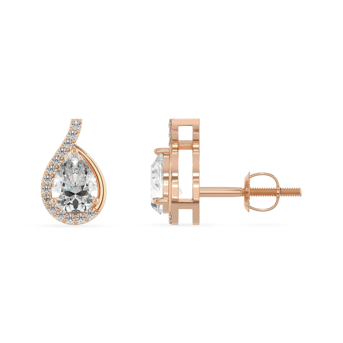 lab grown moissanite pear stud earrings in rose gold 