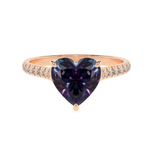 lab grown alexandrite heart half eternity solitaire engagement rings in rose gold 