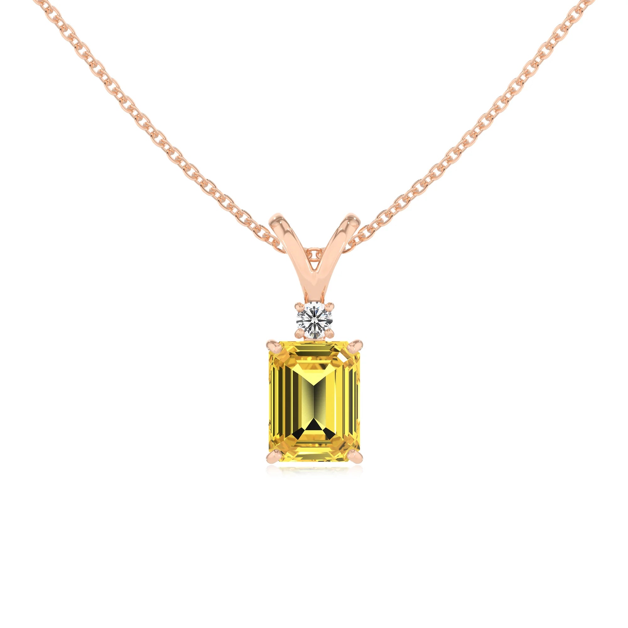 lab grown yellow-sapphire emerald cut solitaire v-bale necklaces in rose gold 