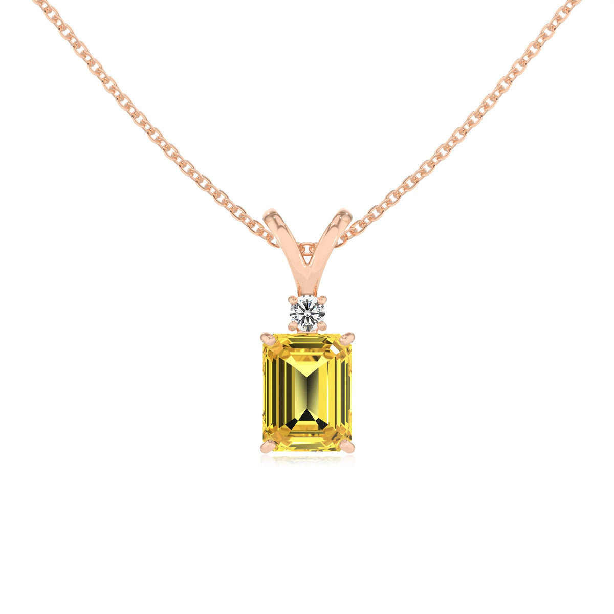 lab grown yellow-sapphire emerald cut solitaire v-bale necklaces in rose gold 