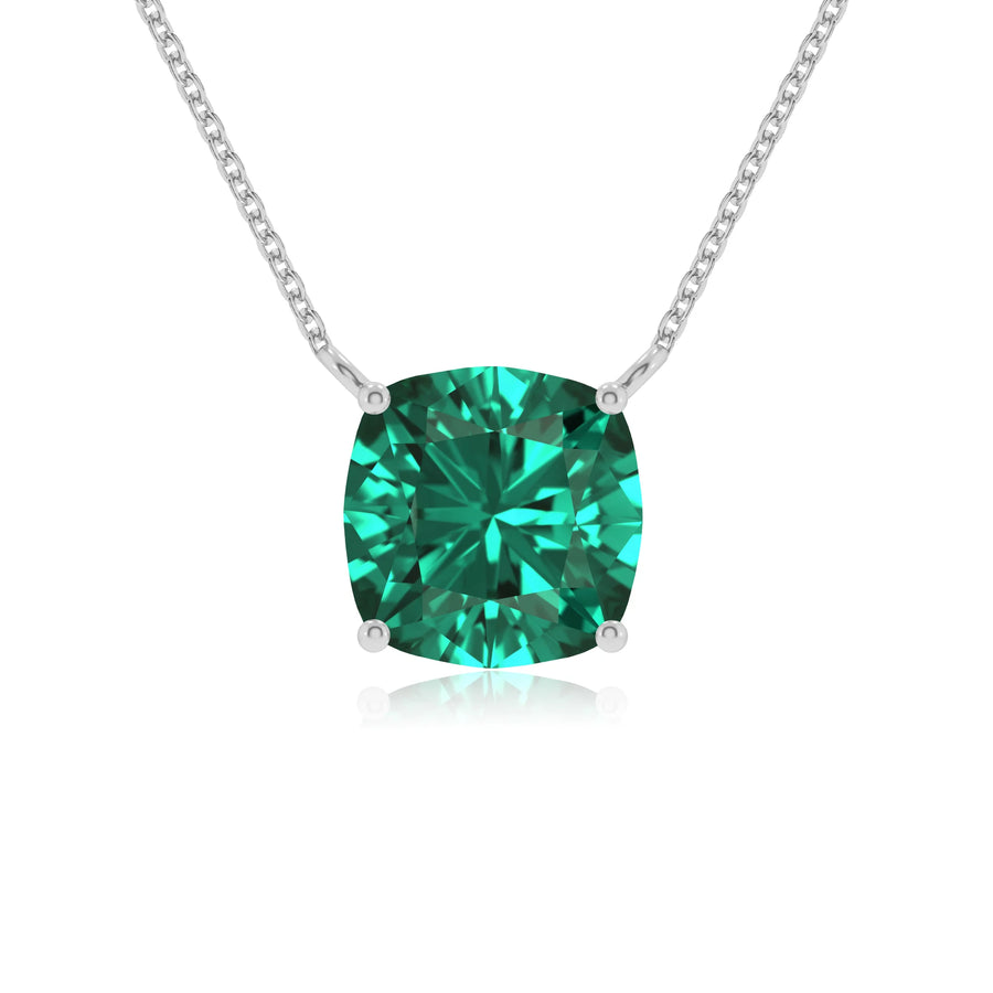lab grown emerald cushion solitaire necklaces in white gold 