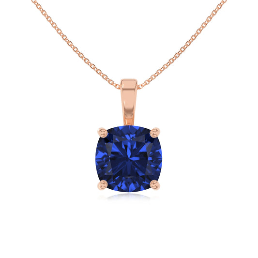 lab grown blue-sapphire cushion solitaire necklaces in rose gold 