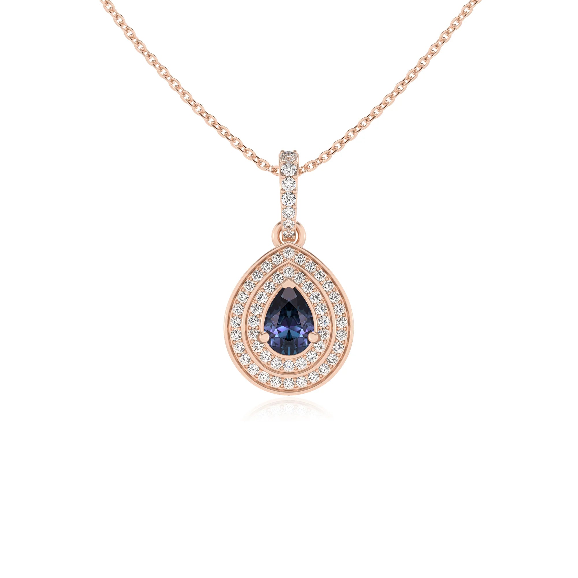 lab grown alexandrite pear halo necklaces in rose gold 