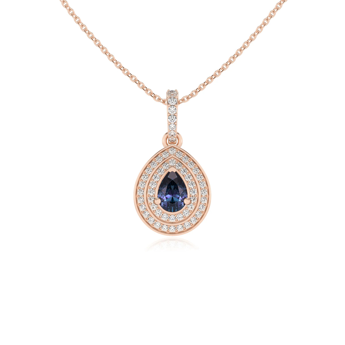 lab grown alexandrite pear halo necklaces in rose gold 