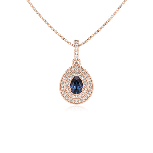 lab grown alexandrite pear halo necklaces in rose gold 