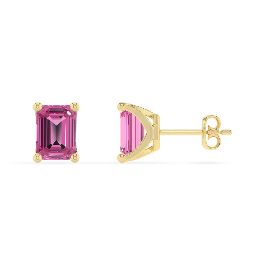 lab grown pink sapphire emerald cut stud earrings in yellow gold 