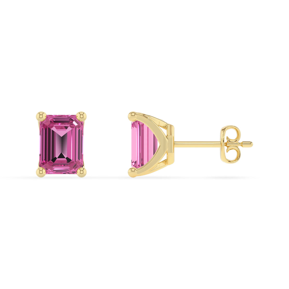 lab grown pink sapphire emerald cut stud earrings in yellow gold 