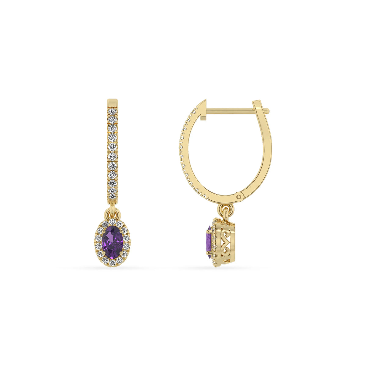 lab grown amethyst oval drop earrings in yellow gold 