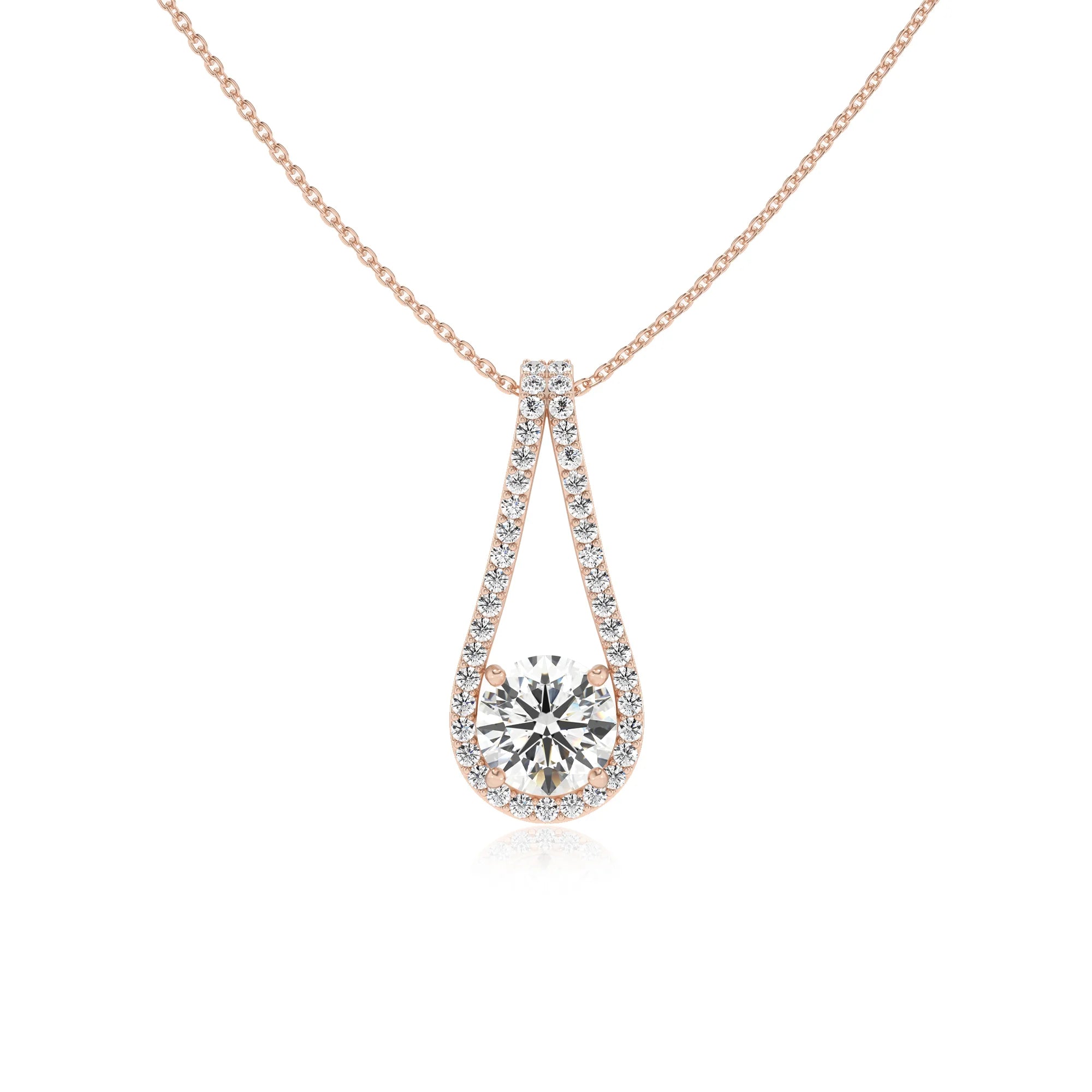 lab grown moissanite round solitaire v-bale necklaces in rose gold 