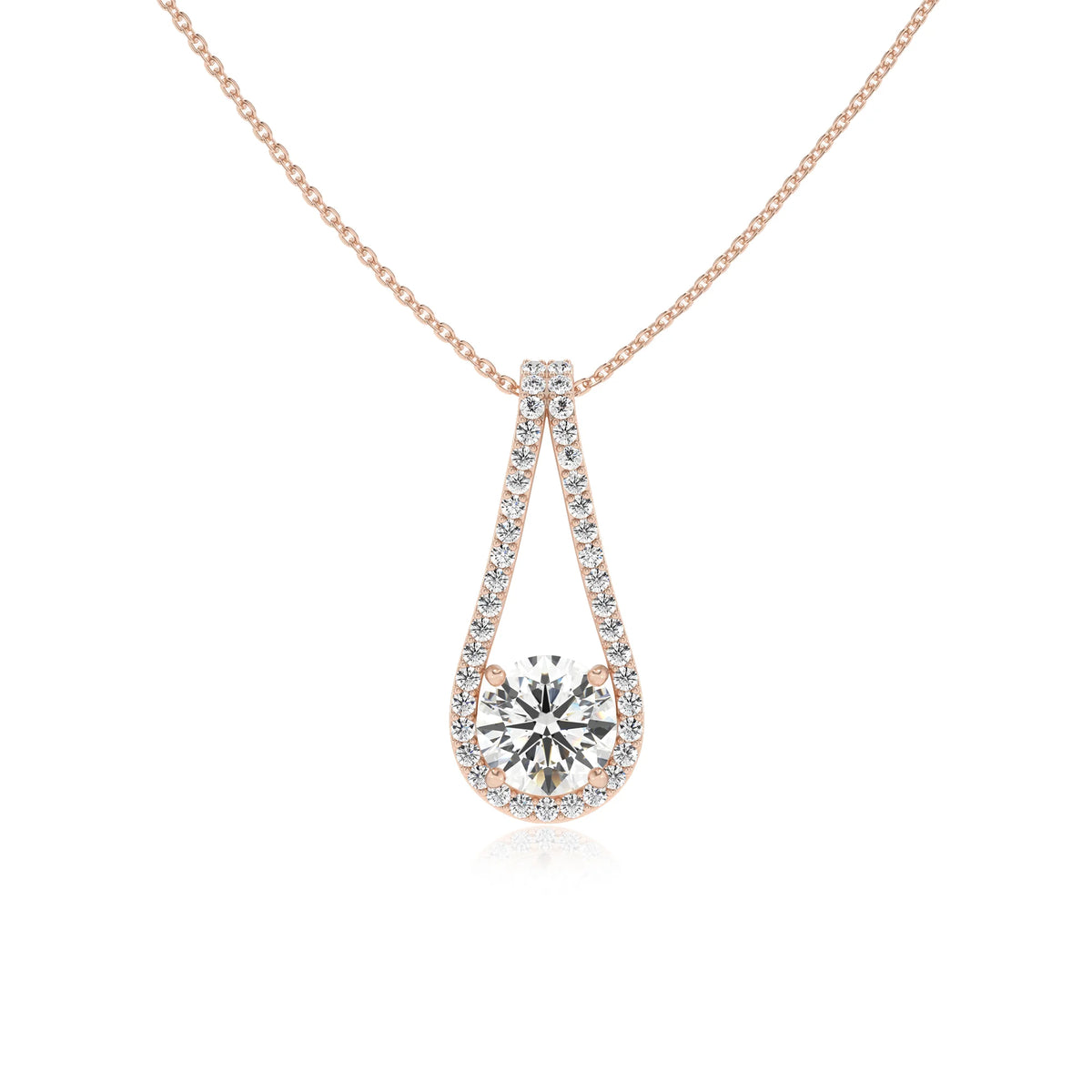 lab grown moissanite round solitaire v-bale necklaces in rose gold 