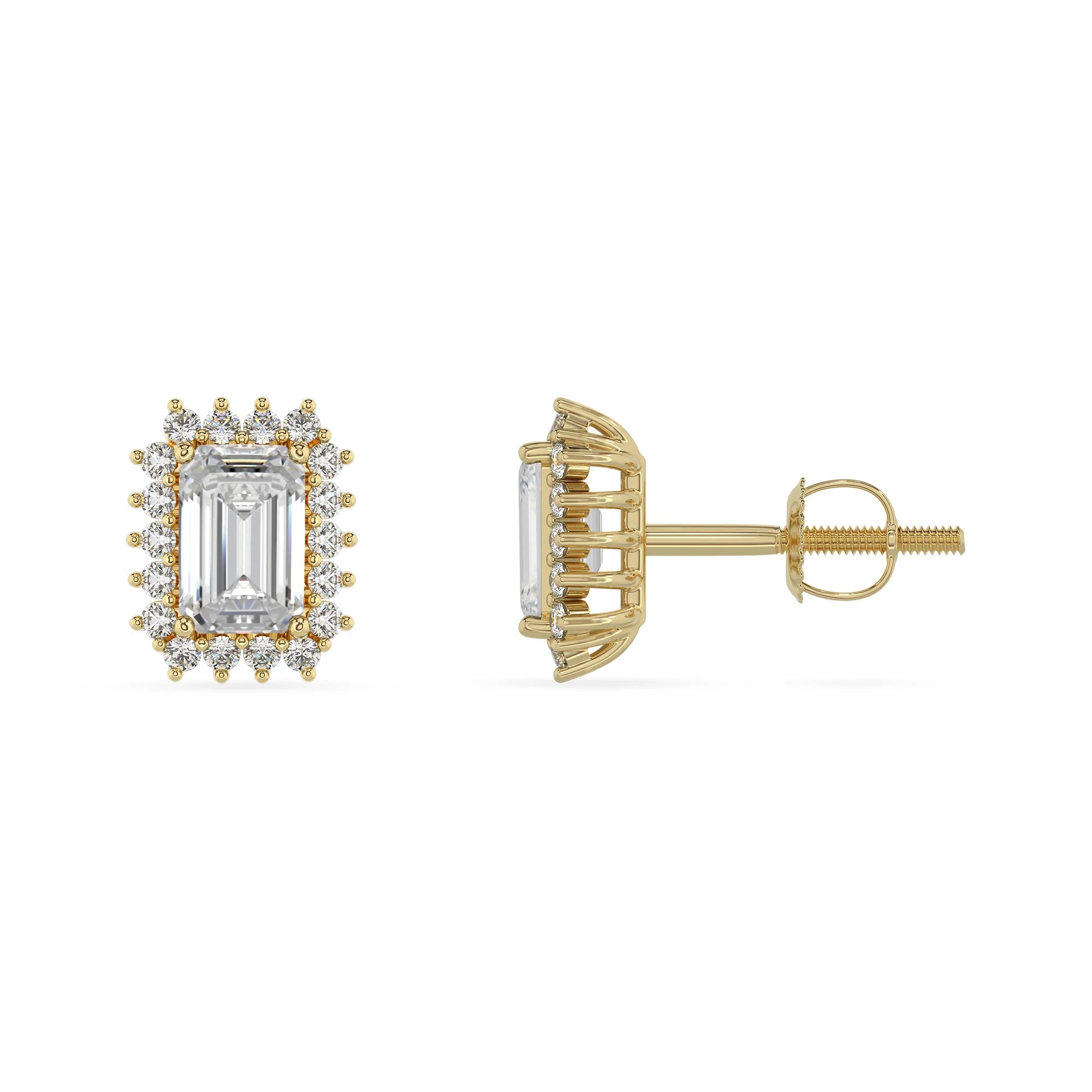 lab grown moissanite emerald cut stud earrings in yellow gold 