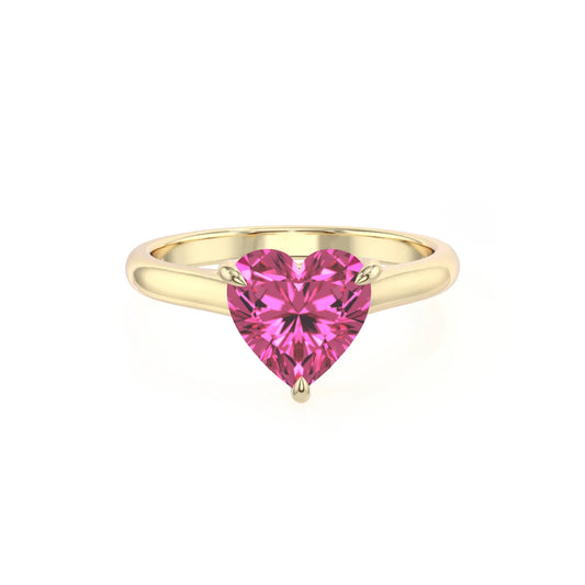 lab grown pink-sapphire heart solitaire rings in yellow gold 