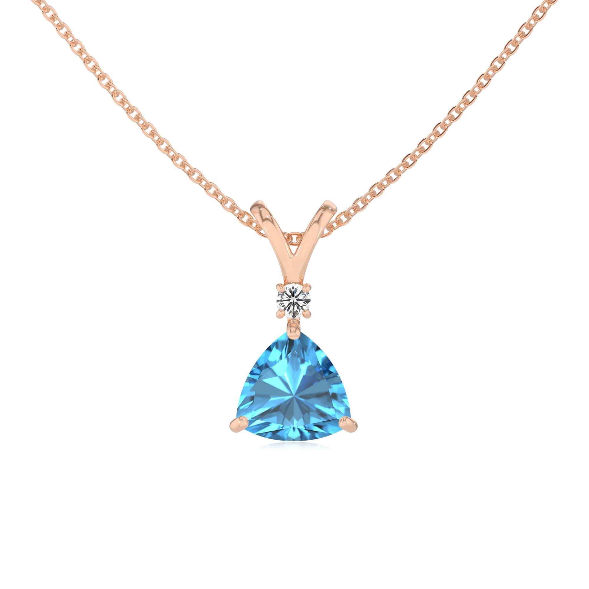 natural swiss-blue-topaz trillion solitaire v-bale necklaces in rose gold 