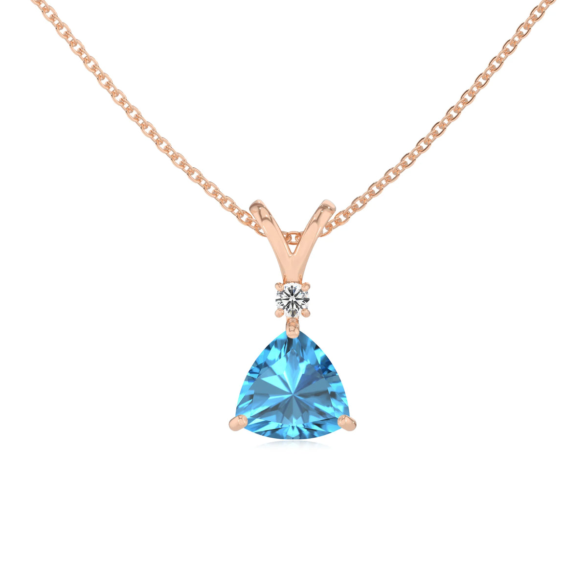 natural swiss-blue-topaz trillion solitaire v-bale necklaces in rose gold 