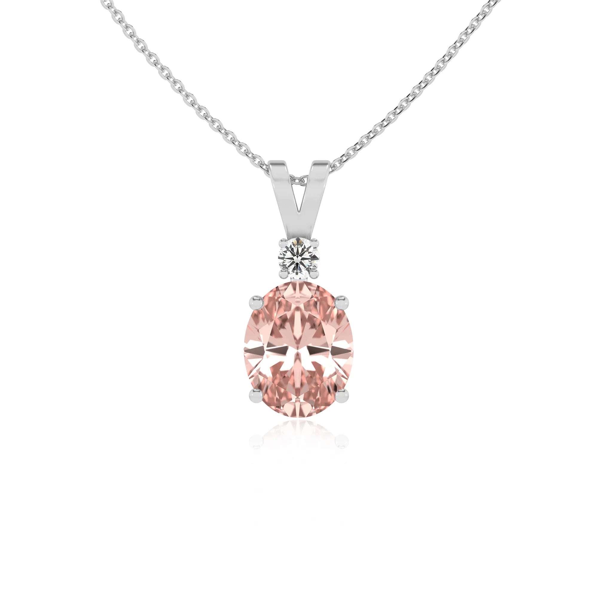 lab grown morganite oval solitaire v-bale necklaces in platinum 
