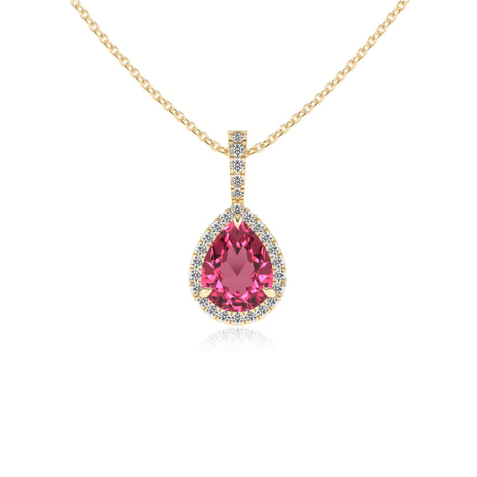 lab grown pink-tourmaline pear solitaire necklaces in yellow gold 