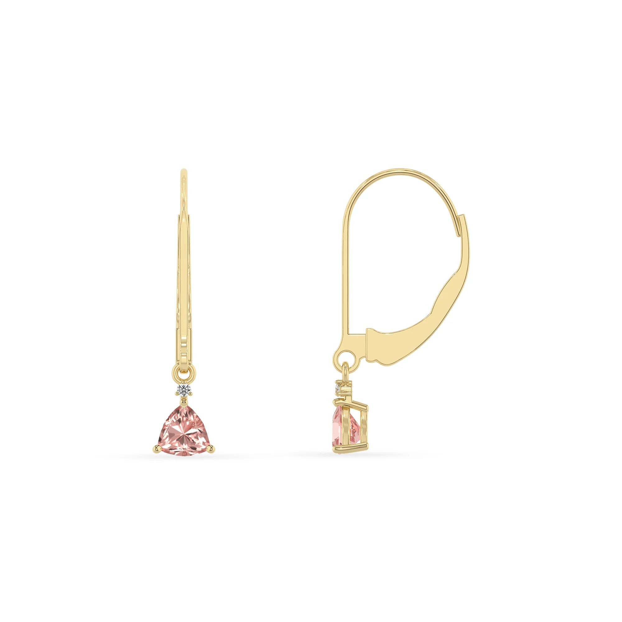lab grown morganite trillion drop earrings in yellow gold 