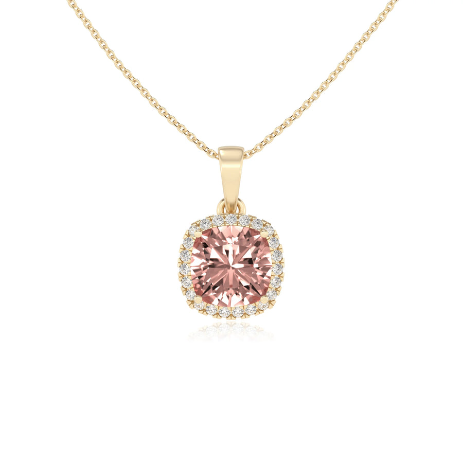 lab grown morganite cushion solitaire necklaces in yellow gold 
