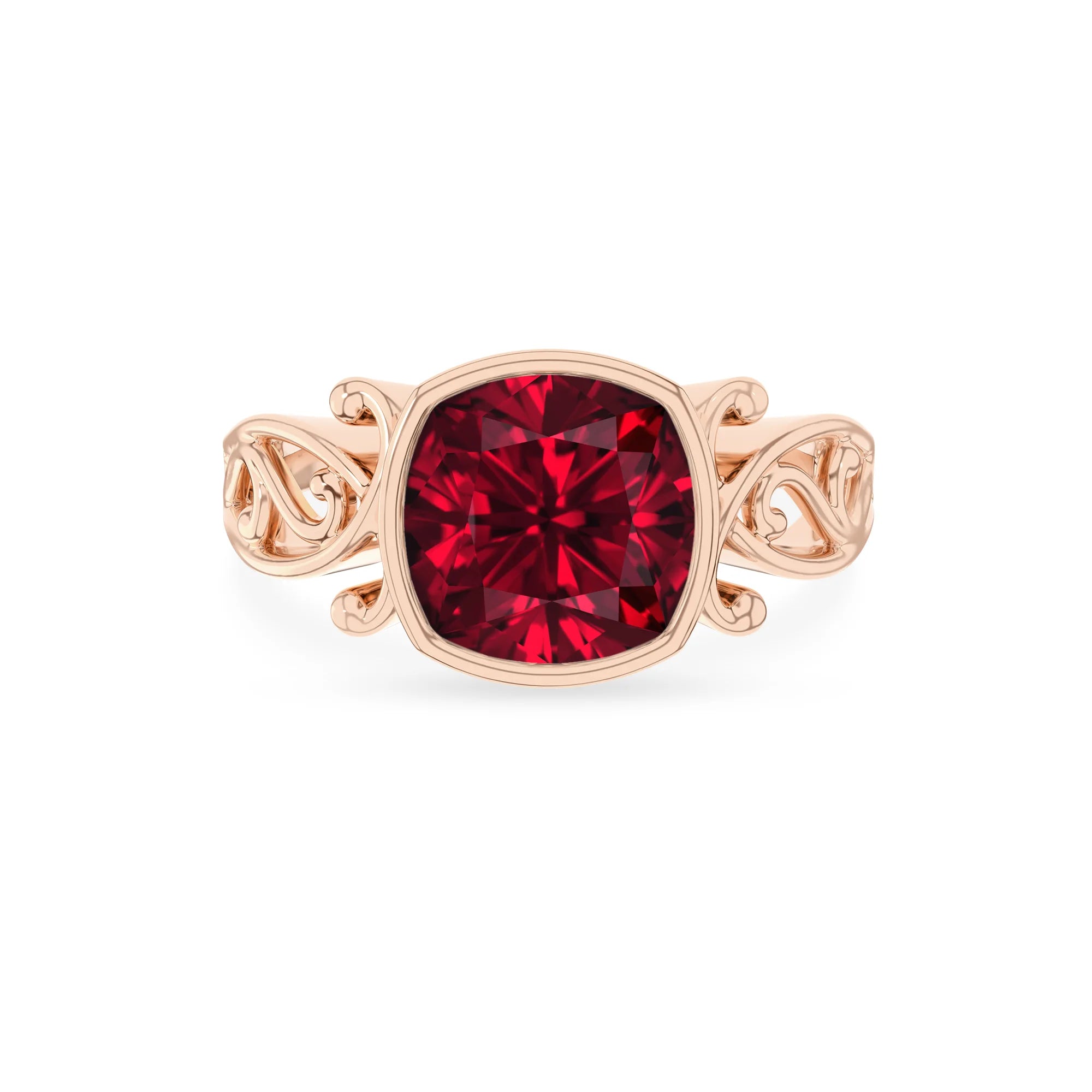 lab grown ruby cushion solitaire rings in rose gold 
