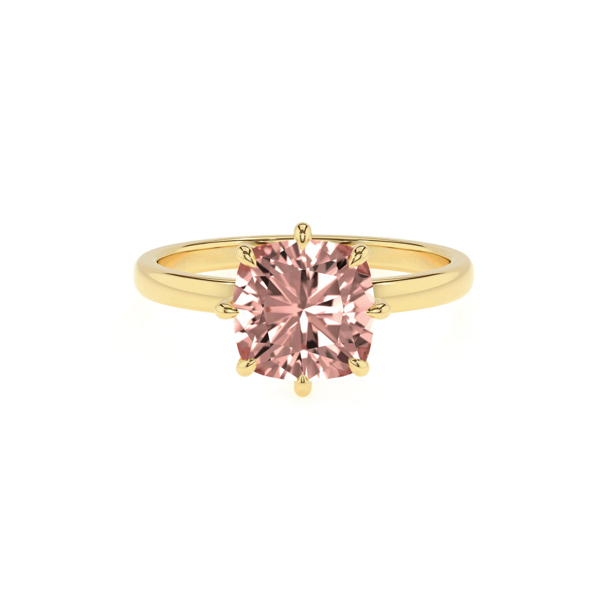 lab grown morganite cushion solitaire rings in yellow gold 