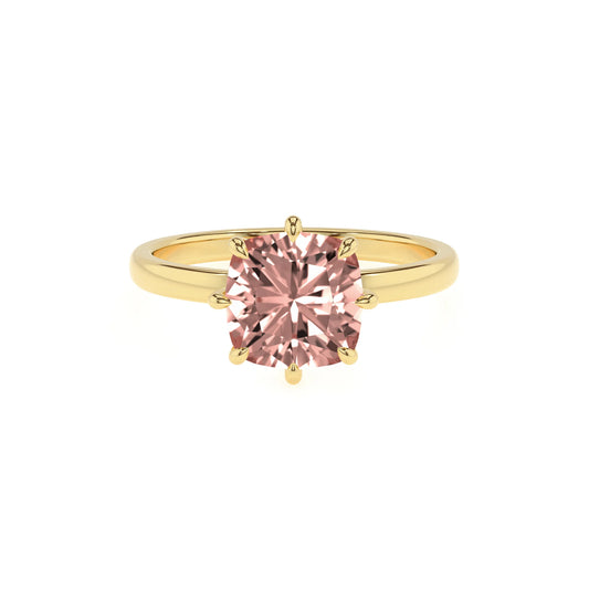 lab grown morganite cushion solitaire rings in yellow gold 